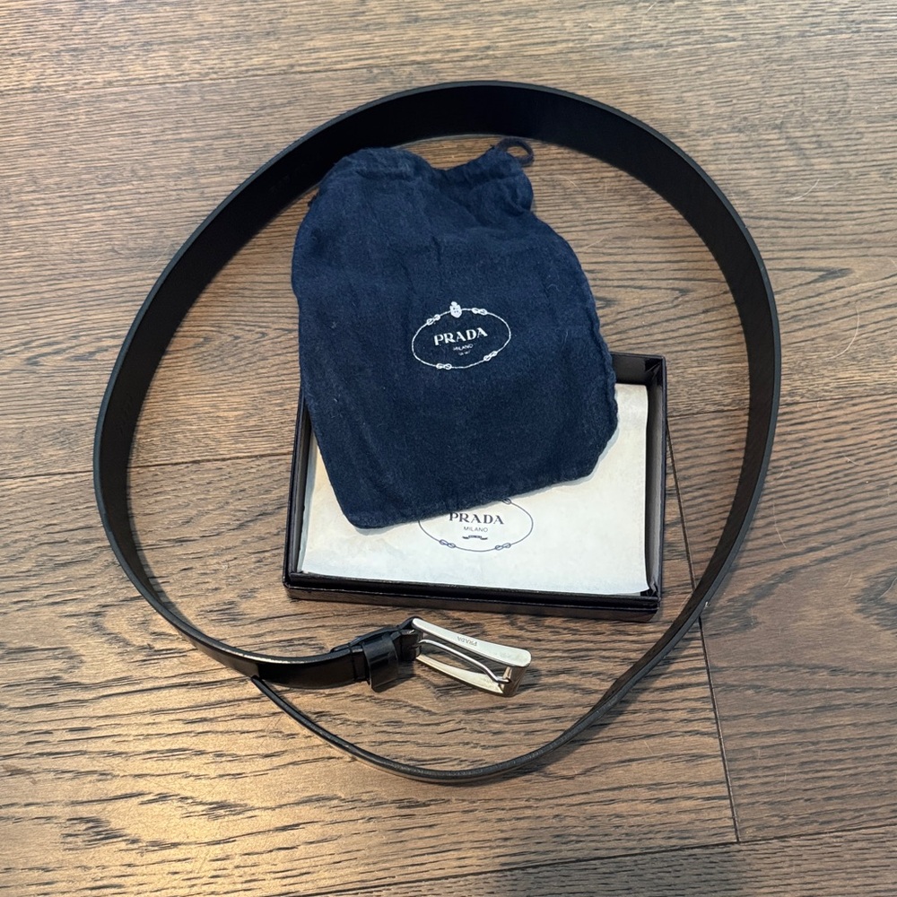 Prada Black Leather Belt with Shiny Silver Buckle